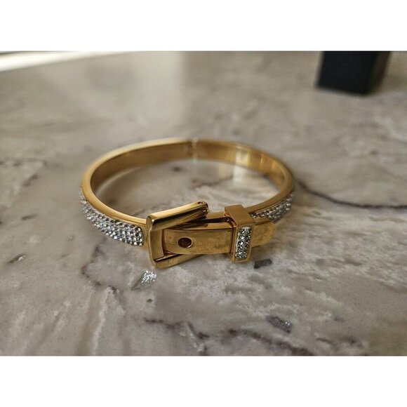 24kt Gold Plated Belt Style Bracelet With Crystal Accents - Picture 1 of 8